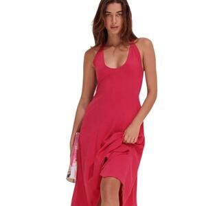 Anthropologie Scoop-Neck A-Line Midi Dress Raspberry Solid Beach L NWT
